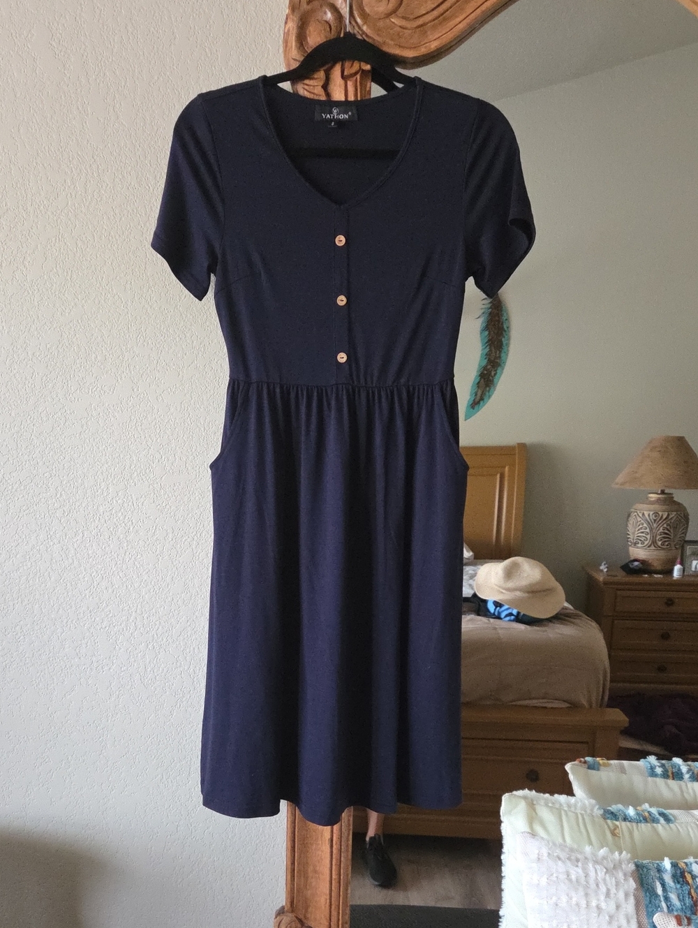 Navy Short-Sleeve Midi Dress with Button Front And Pockets